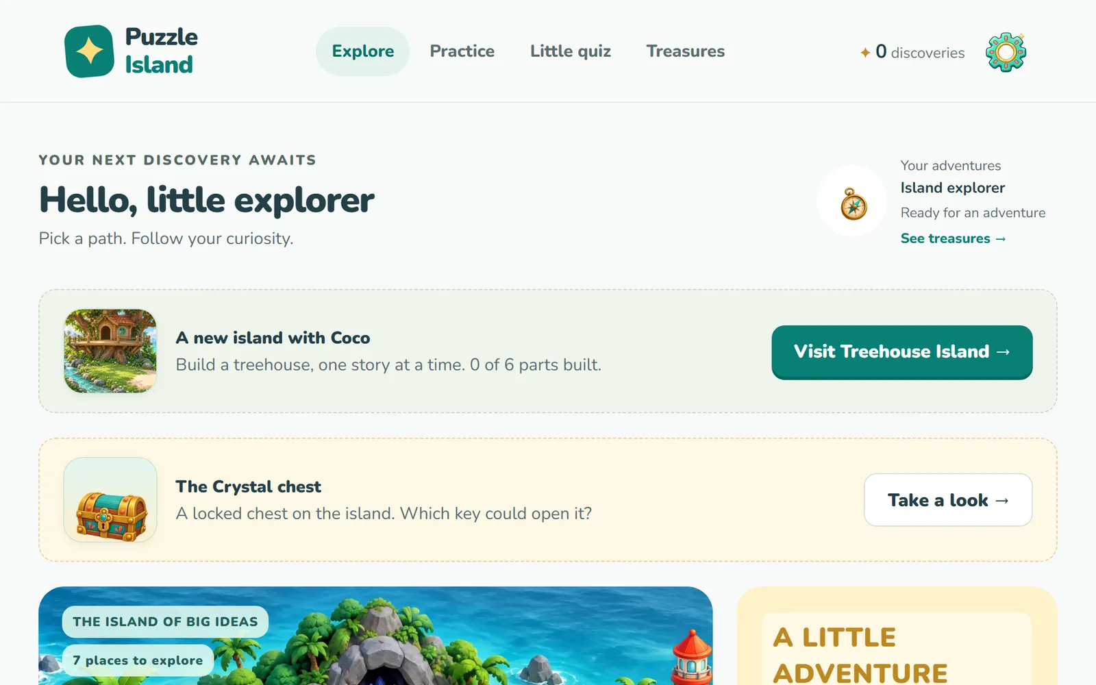 Puzzle Island's home screen: “Hello, little explorer” above invitations to visit Treehouse Island and open a crystal chest, with the top of an illustrated tropical island map below.